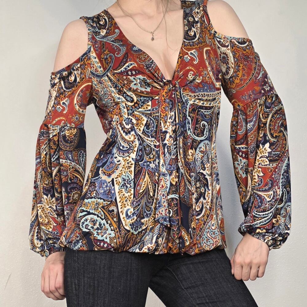 Paisley Tie Front Cold Shoulder Blouse Boho Size Medium Venus Balloon Sleeves
